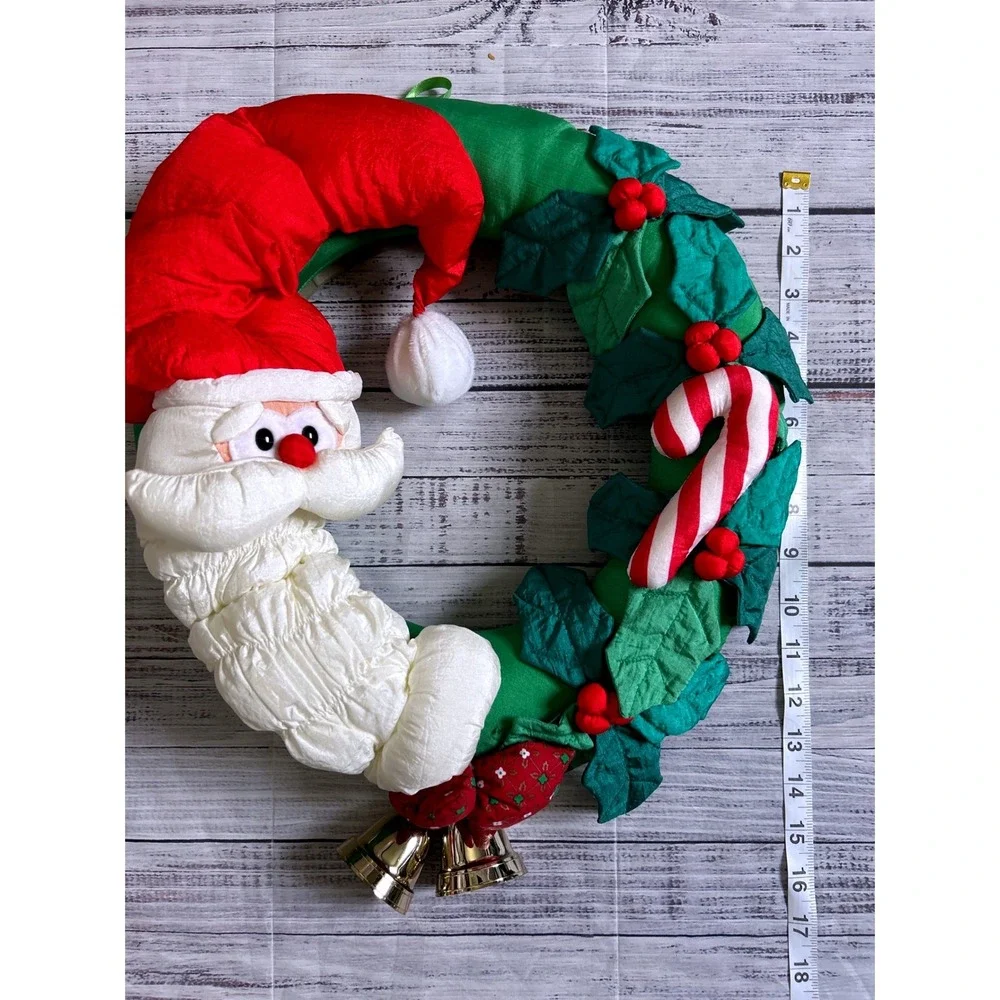 VTG Christmas Santa Claus Plush Wreath with Bells and Candy Cane Decor
